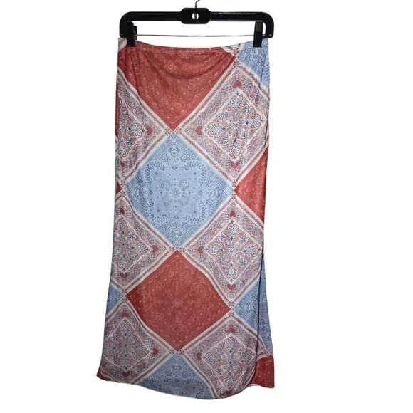 See You Monday Red Blue Hanky Heart Print Stretch Straight Maxi Skirt S/M NWT - Picture 3 of 9